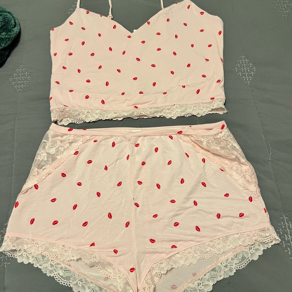 Victoria's Secret Pink and Red Heart Pajama Set